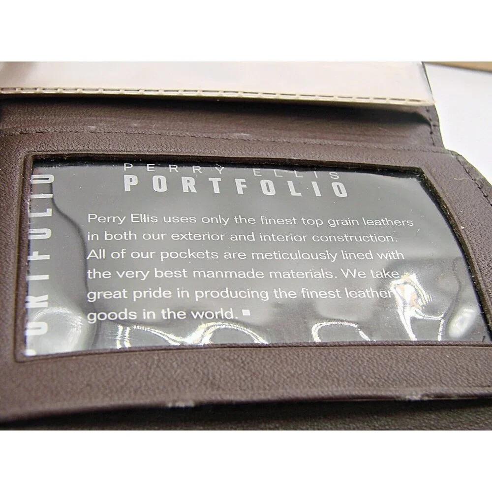 NEW Perry Ellis Brown Leather Billfold Wallet Interior Security Zipper Trifold